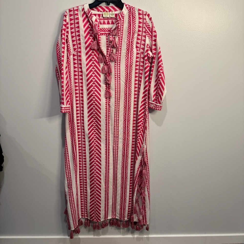 Boo Gemes Geometric Tassel‎ Caftan Maxi Dress pink white  Size XS Cotton Boho